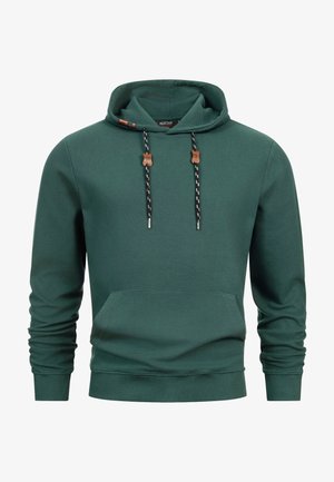 Hooded sweatshirt in dark green ribbed fabric. Features black and white drawstrings with wooden accents and a front kangaroo pocket.