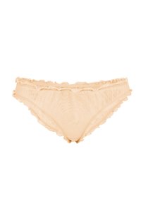Sous-vêtement féminin en dentelle beige avec bords froncés, présenté à plat sur fond blanc.