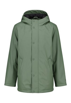 Veste imperméable verte avec capuche, boutons-pression, deux poches latérales et doublure intérieure noire. Texture lisse et coupe décontractée.