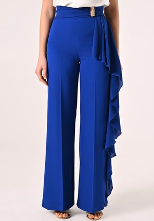 Blue wide-leg trousers with a ruffled accent on the side, featuring a smooth texture and a fitted waistband with a decorative buckle.