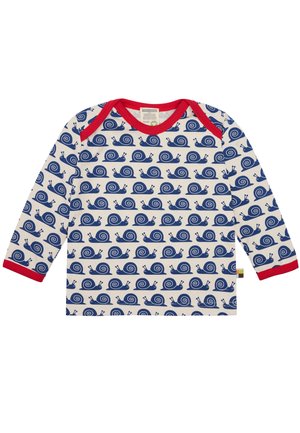 Camicia a maniche lunghe di colore crema con un motivo di lumache blu. Presenta un colletto e polsini rossi. Realizzata in un tessuto morbido e traspirante.