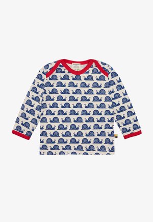 Camicia a maniche lunghe di colore crema con un motivo di lumache blu. Presenta un colletto e polsini rossi. Realizzata in un tessuto morbido e traspirante.