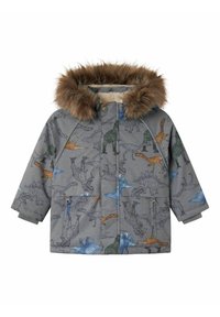 Grå pufferjakke med en faux fur hætte, prydet med farverige dinosaurtryk. Inkluderer to frontlommer og ribbede manchetter for varme.