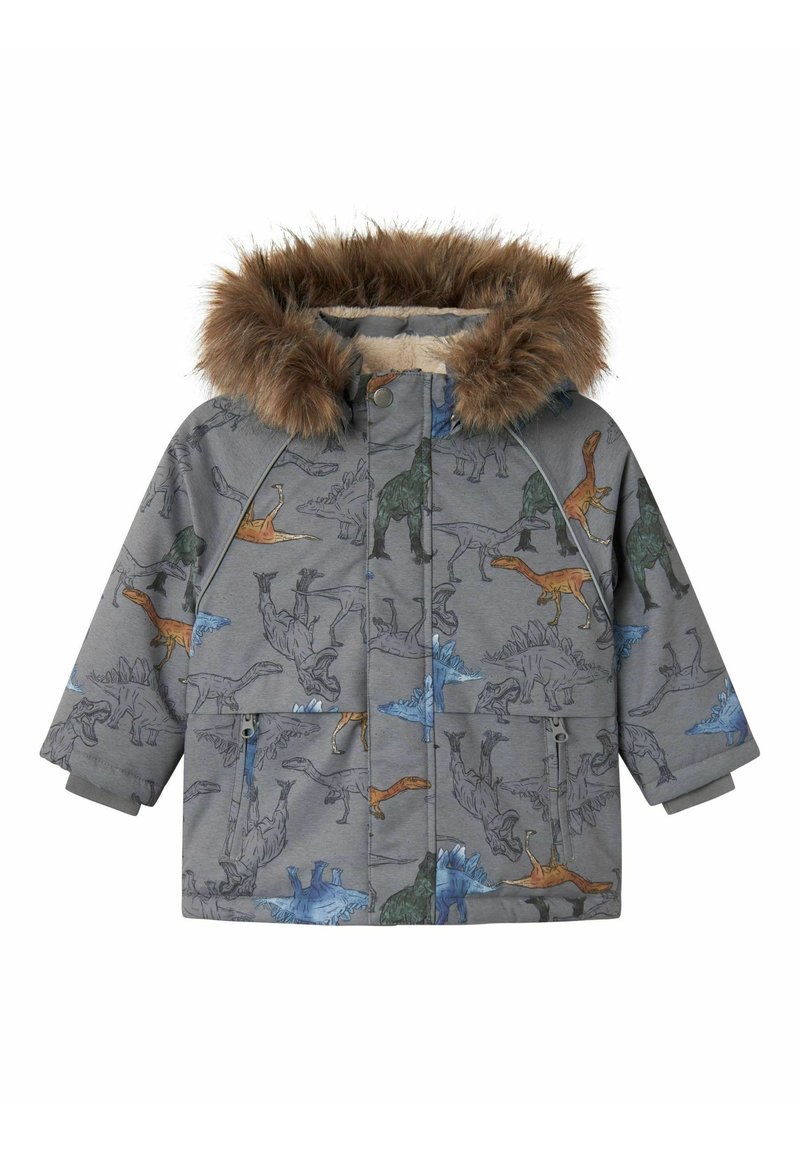 Grå pufferjakke med en faux fur hætte, prydet med farverige dinosaurtryk. Inkluderer to frontlommer og ribbede manchetter for varme.