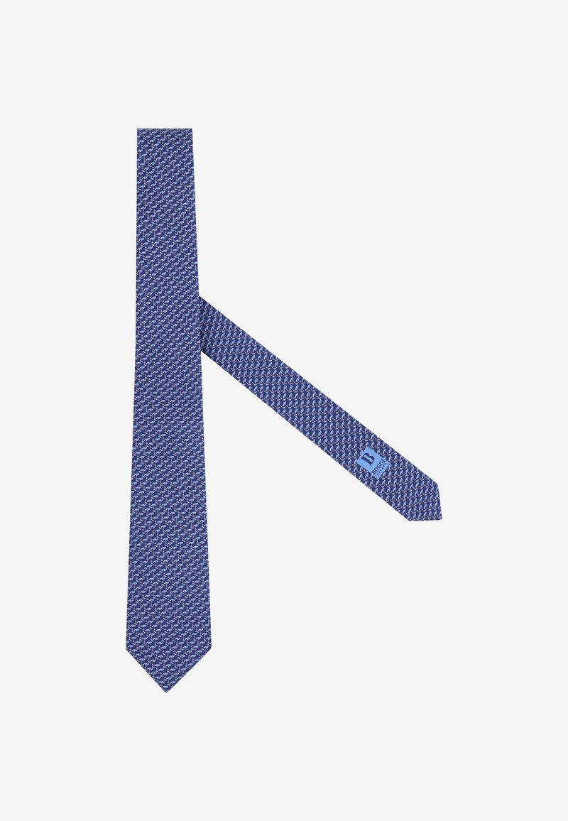 Cravate en soie bleue avec un motif répétitif de petits dessins bleu clair et blanc, arborant une étiquette bleue avec "B ROGGI" près de la pointe.