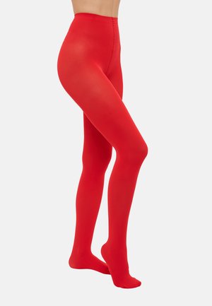 Κόκκινες αδιαφανείς καλσόν, ομαλή υφή, σχέδιο πλήρους μήκους, ελαστικό ύφασμα, αόρατη ζώνη, εφαρμοστό σχήμα, κατάλληλες για διάφορες εμφανίσεις.