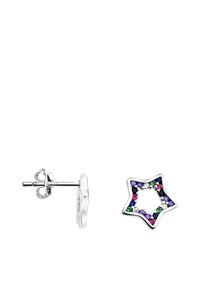 Stjärnformad örhängestud i silver med flerfärgade stenar (lila, grön, rosa) inställda i en svart kontur. Utrustad med bakfäste.