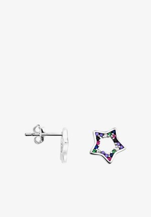 Boucle d'oreille en forme d'étoile en argent avec des pierres multicolores (violet, vert, rose) serties dans un contour noir. Elle dispose d'une fermeture à tige.