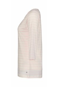 Gestreiftes Langarmshirt in Hellrosa und Weiß mit rundem Ausschnitt und seitlichem Schlitz, gefertigt aus weichem, leichtem Stoff.