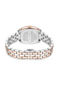 Sölv- och rosaguldig armbandsur i rostfritt stål med en texturerad baksida, safirbelagt glas och en länkad armbanddesign med växelvis färg.