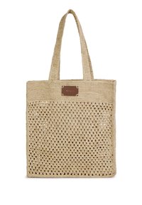 Sac fourre-tout tissé en matériau beige ; présente une section supérieure unie et un design géométrique ouvert en dessous ; comprend une étiquette en cuir marron.