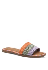 Sandali a scivolo intrecciati con strisce arancioni, verdi e lavanda, con suola piatta e parte superiore intrecciata e testurizzata per un design resistente.