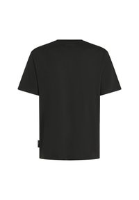 Sort kortærmet bomulds T-shirt, rund halsudskæring, afslappet pasform, enkelt design, mærkeskilt på sidesømmen, blød tekstur.