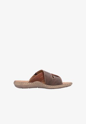 Brown slide sandal featuring a cross-strap design, textured brown leather upper, and a light brown rubber sole with stitching details.