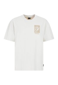Crème katoenen t-shirt met korte mouwen, een relaxte pasvorm, en een bruine patroonzakafdruk met het woord "PROTEST" op de borst.