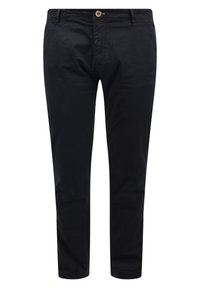 Chinos noirs en tissu mélangé coton, avec une coupe droite, une fermeture à boutons et des poches avant. Texture lisse avec un léger éclat.