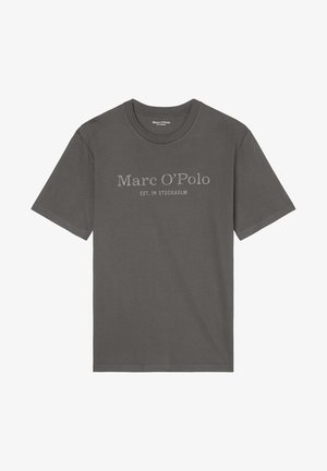 Graues Baumwoll-T-Shirt mit kurzen Ärmeln und Rundhalsausschnitt, mit dem Fronttext "Marc O'Polo EST. IN STOCKHOLM" in Hellgrau. Glatte Textur.