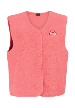 Koraalroze fleece bodywarmer zonder mouwen met drukknoopsluiting, zijzakken en een klein "Protest" zonlogo patchje op de linkerborst.