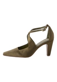 Oliiviroheline kõrge kontsaga king naelsterkaotusega, terava varba, avatud külgedega ja ristis olevate pahkluu rihmadega. Silmapaistev kanga pind ja tekstuuriga konts.