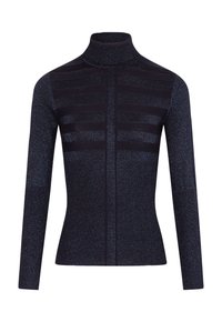Aansluitende coltrui in donkerblauw met textuurstrepen. Gebreide stof heeft een subtiele glans. Lange mouwen en een soepele silhouet.