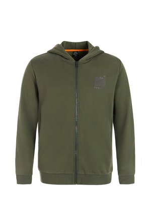 Sweat à capuche zippé vert olive, fabriqué en tissu doux. Présente un logo sur le devant, une capuche, ainsi que des poignets et un ourlet côtelés. Conception légère et décontractée.