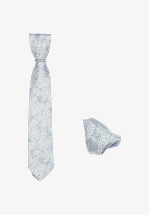 Blauer Paisleymuster-Krawatte aus Stoff mit texturiertem Muster, kombiniert mit einem passenden Einstecktuch, beide mit aufwendigen weißen Designs.