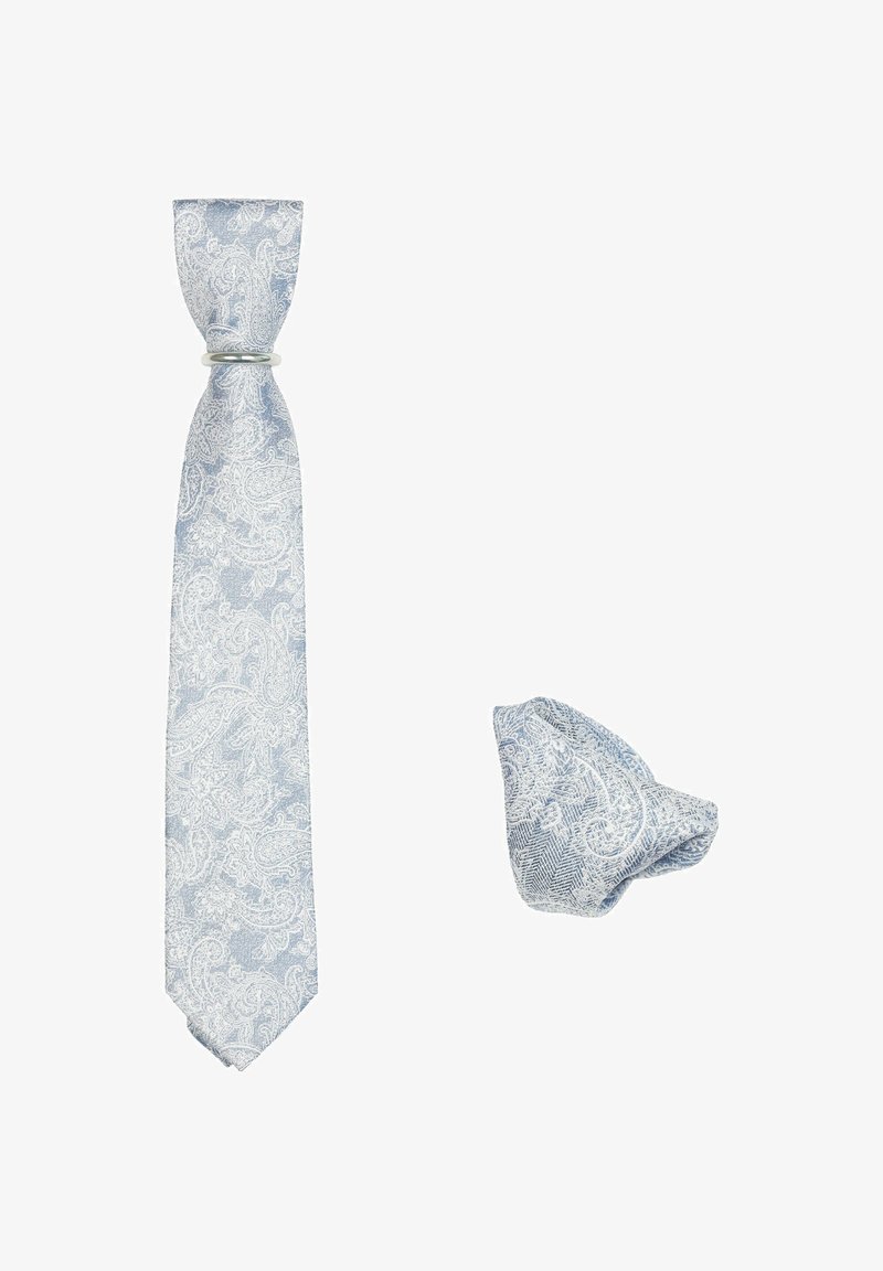 Blauwe paisley stropdas gemaakt van stof met een gemêleerd patroon, gecombineerd met een bijpassende pochet, beide met ingewikkelde witte designs.