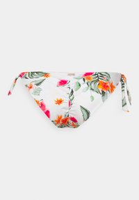 Parte de baixo de bikini branca com um padrão floral, apresentando flores cor-de-rosa e laranja e folhas verdes, amarrada nas laterais para um ajuste ajustável.