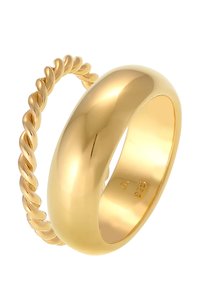 Guld ringe med en glat, poleret bånd og et snoet rebdesign. Har en blank finish med klare detaljer indeni.