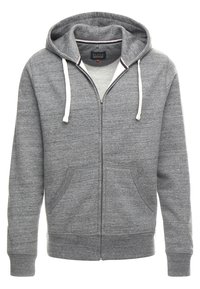 Grijze zip-up hoodie gemaakt van een zachte katoenmix. Voorzien van een trekkoordcapuchon, voorzakken en geribde manchetten en zoom.