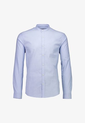 Lichtblauw katoenen overhemd met lange mouwen, voorzien van een knoopsluiting aan de voorkant, een mandarijnkraag en een egale textuur. Geen patronen of accenten.