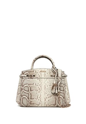 Borsa strutturata a mano con stampa di serpente beige e marrone, manico superiore, ferrature dorate e tracolla decorativa con dettaglio a catena.