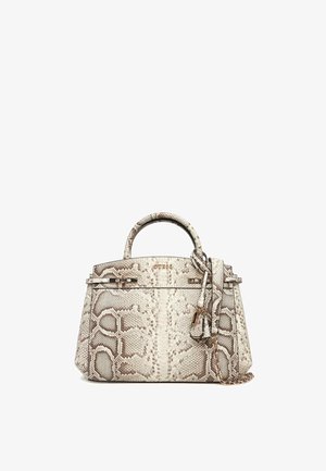 Borsa strutturata a mano con stampa di serpente beige e marrone, manico superiore, ferrature dorate e tracolla decorativa con dettaglio a catena.
