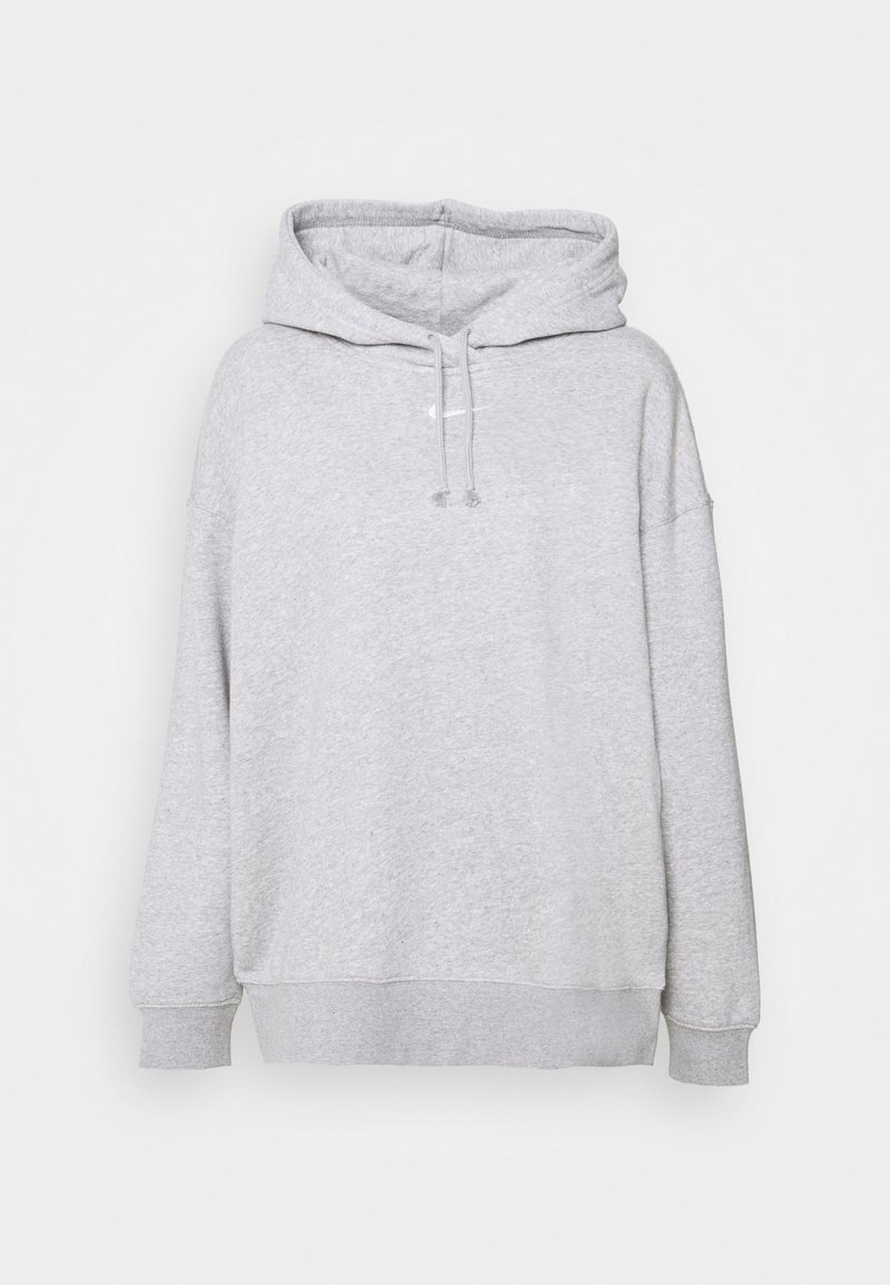 Grå huvtröja av mjukt tyg, med dragsko i huvan, en framficka och ribbade muddar och fåll. Enkel design utan mönster.