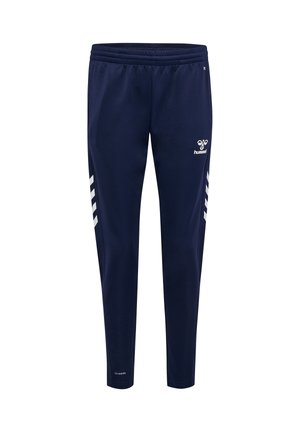 Marineblauwe sportbroek met elastische tailleband, witte diagonale strepen aan de zijkanten, hummel-logo op de rechterdij en de tekst "BECOOL" nabij de linker enkel.