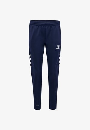 Marineblauwe sportbroek met elastische tailleband, witte diagonale strepen aan de zijkanten, hummel-logo op de rechterdij en de tekst "BECOOL" nabij de linker enkel.
