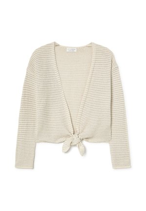 Cardigan tricoté crème avec manches longues et nœud à nouer à l'avant, présentant un décolleté en V profond et une texture côtelée.