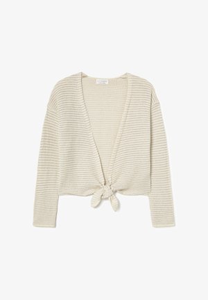 Cardigan tricoté crème avec manches longues et nœud à nouer à l'avant, présentant un décolleté en V profond et une texture côtelée.