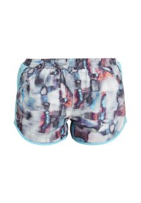Kvinnors sportshorts med elastisk midja, sidofickor och abstrakt akvarellmönster i blå, lila och rosa toner.
