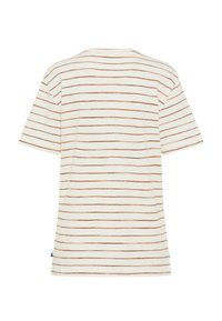 T-shirt blanc à manches courtes avec de fines rayures horizontales brunes irrégulières, vue de dos.