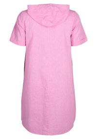Rosa kortärmad klänning med huva, tillverkad av lättviktsmaterial. Har en rak skärning och sidofickor. Enkelt och ren design.
