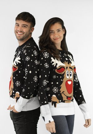 Schwarze gestrickte Weihnachtspullover mit einem Rentier-Design mit roter Nase, weißen Schneeflocken sowie gerippten weißen Bündchen und Saum.
