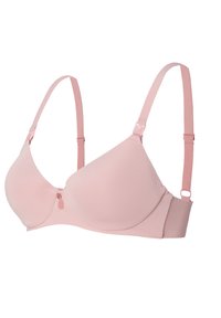 Roze naadloze bh met gevormde cups, verstelbare banden en een haak-en-oogsluiting. Soepele textuur en minimalistisch ontwerp.
