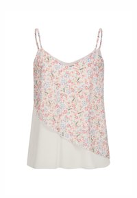 Blumige Cami-Top mit leichtem Stoff, V-Ausschnitt, dünnen Trägern und asymmetrischem Saum mit einem einfarbigen unteren Panel. Die Farben umfassen Rosa, Blau und Grün.