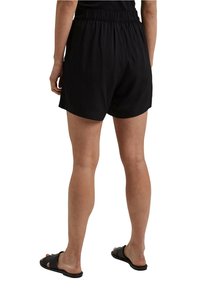 Mustat shortsit, joissa on joustava vyötärönauha, löysä leikkaus ja sileä kangas. Päällä mustat liukusandaalit, takakuvassa.