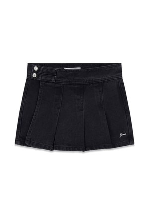 Gonna mini in denim nero con dettagli a pieghe, vita con doppio bottone e piccolo logo "Guess" bianco sull'orlo inferiore.
