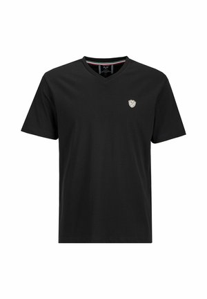 T-shirt en coton noir avec un col en V, des manches courtes et un petit emblème blanc sur la poitrine gauche. Texture lisse et forme classique.