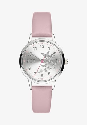 Runde silberne Uhr mit einem rosa Lederarmband. Das Zifferblatt zeigt Schmetterlingsmuster und silberne Ziffern mit einem rosa Sekundenzeiger.