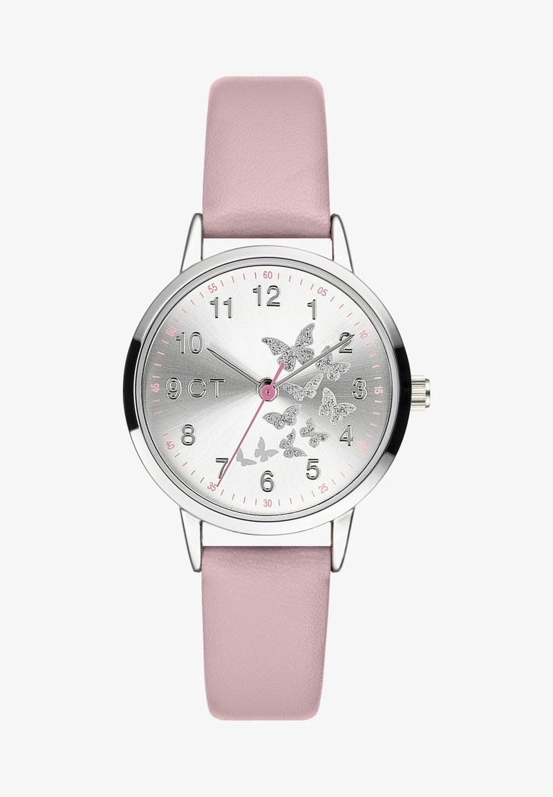 Runde silberne Uhr mit einem rosa Lederarmband. Das Zifferblatt zeigt Schmetterlingsmuster und silberne Ziffern mit einem rosa Sekundenzeiger.