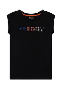 Camiseta de manga corta negra con la palabra "FREDDY" en puntos de colores, con acentos en rojo, azul y blanco. Tejido ligero y cuello redondo.
